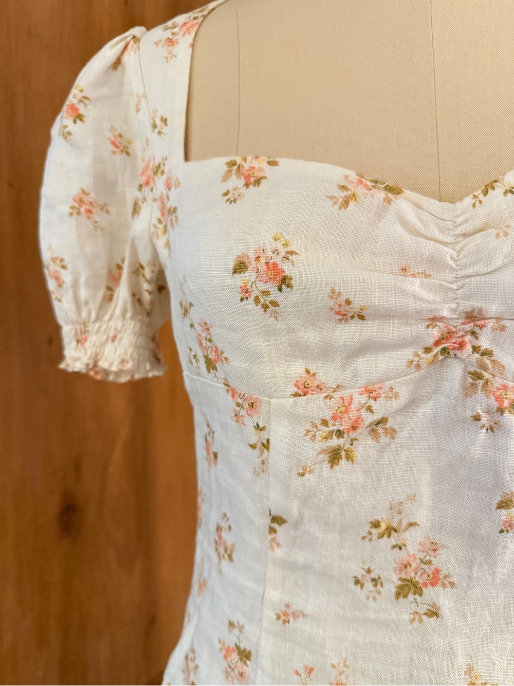 Reformation Gina Cream Floral Square-Neck Puff Sleeve Linen Mini Dress BWT - Picture 3 of 16